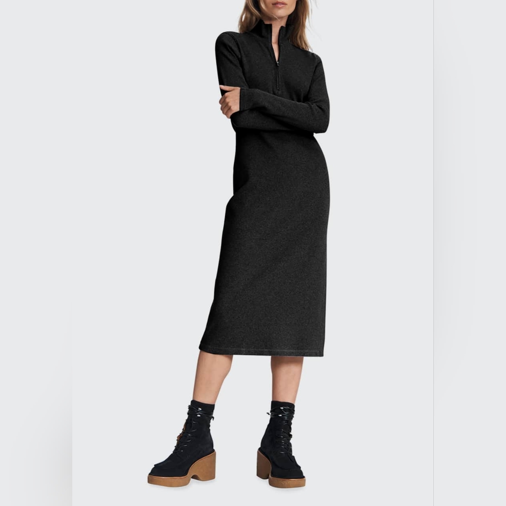 NWT Rag and Bone Black Ribbed Long Sleeve Midi‎ Zip Collar Dress size large $275